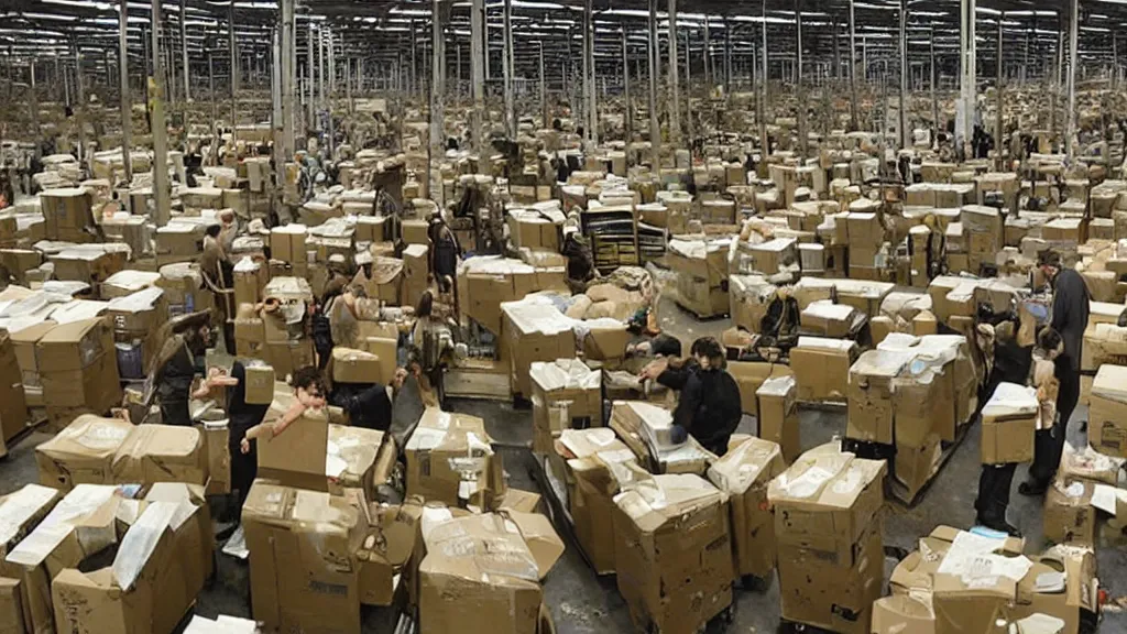 Prompt: Gremlins in Amazon warehouse packaging facility packing Amazon rainforest into Amazon packages, film still from banned media Gremlins 3 New World Order, directed by Joe Dante, Nathan Fielder, Groucho Marx and REDACTED