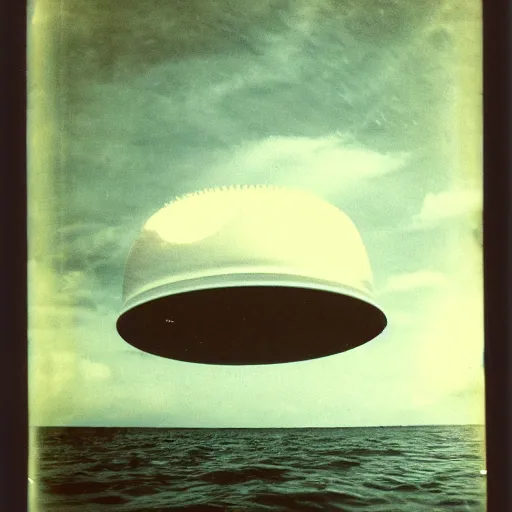 Prompt: cylindrical ufo hovering above water, real Polaroid photo