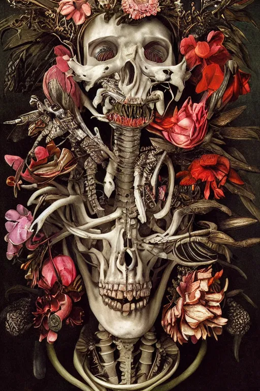 Image similar to Detailed maximalist portrait with large lips and with large white eyes, exasperated expression, botany bones, HD mixed media, 3D collage, highly detailed and intricate, surreal illustration in the style of Caravaggio, dark art, baroque