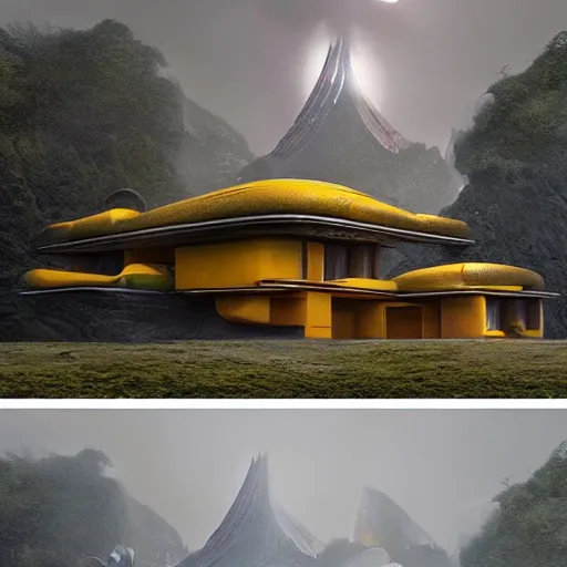 Image similar to futuristic house inspired by a tibetan palace between big trees, yellow clouds, dramatic lighting, artstation, matte painting, raphael lacoste, simon stalenhag, frank lloyd wright, zaha hadid