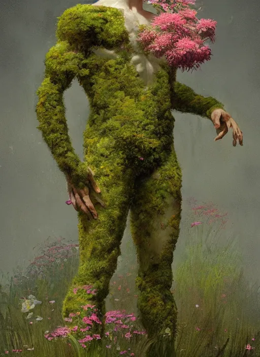 Image similar to a man made of moss and flowers, full body view, beautiful high quality realistic fantasy art, trending on artstation by artgerm and greg rutkowski and alphonse mucha