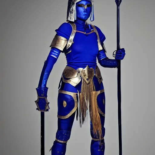 Image similar to full body photo of a female warrior with lapis lazuli armour