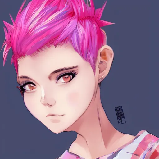 Image similar to full headshot portrait of anime woman with pink pixie cut mohawk punk, digital art, drawn by WLOP, by Avetetsuya Studios, anime manga panel, trending on artstation, wearing a plaid shirt