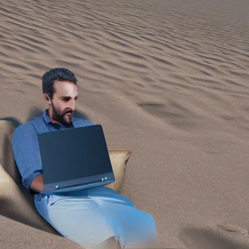 Image similar to a man with a laptop in the sandhill windy, photorealistic, 4 k