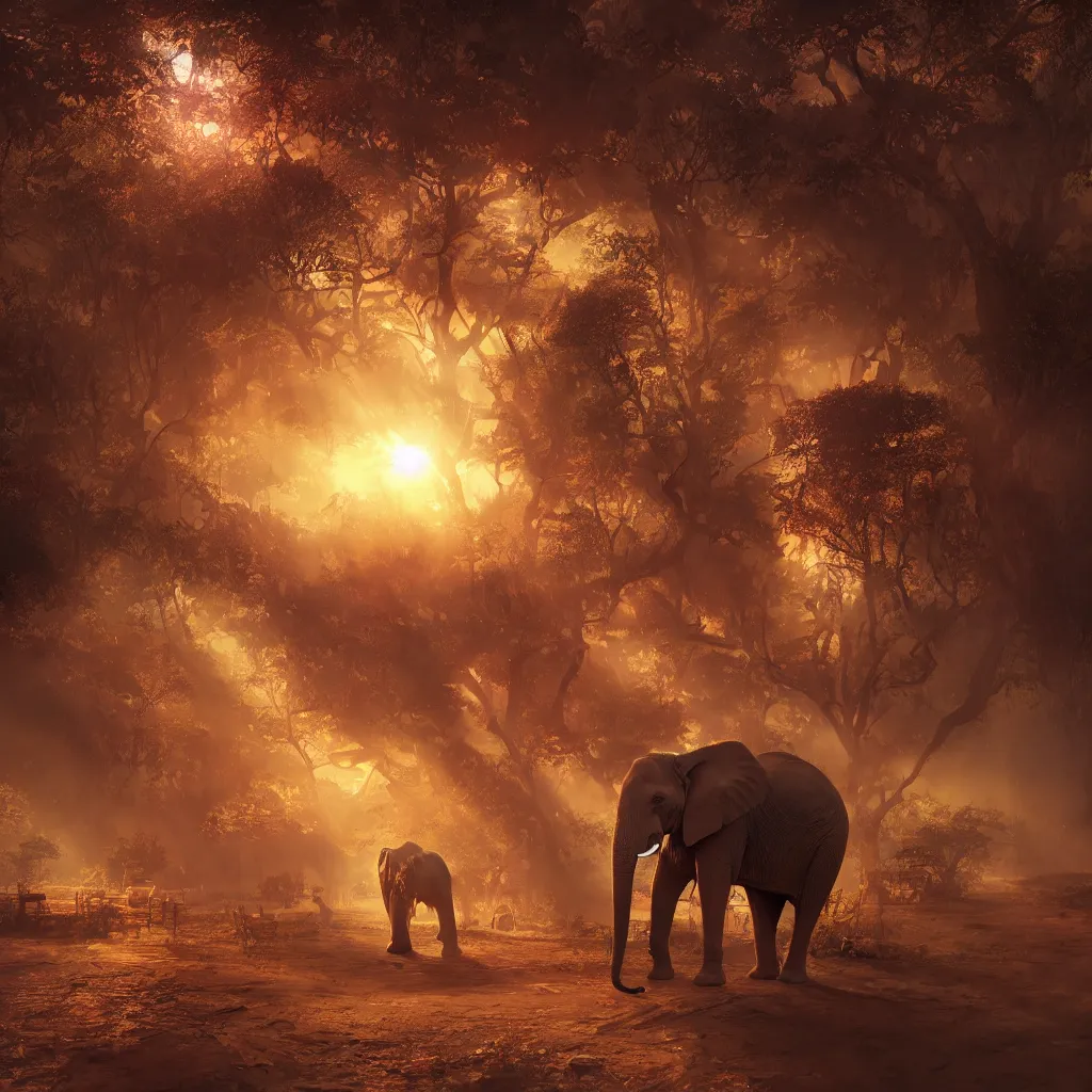Image similar to one elephant in a wooden house, red crystal, art station, volumetric lighting, beautiful, golden hour, sharp focus, ultra detailed, concept art