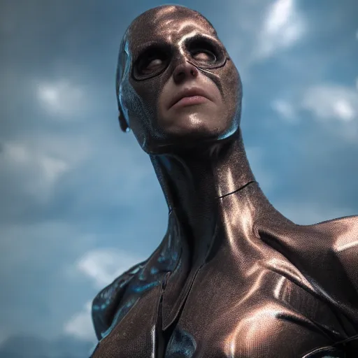 Prompt: photo of a superhero that is half human half alien, photorealistic, octane render, unreal engine, 8 k, high detailed