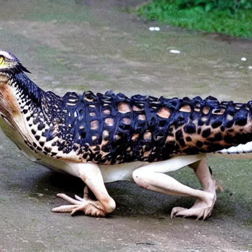 Image similar to hawk and crocodile morphed together, half crocodile, half hawk, real picture taken in zoo