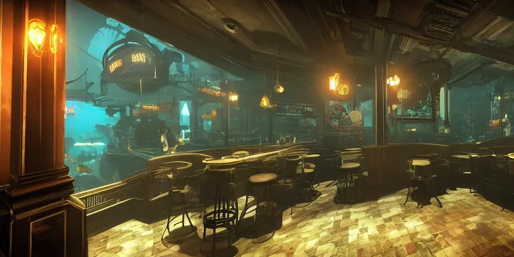 Image similar to In the world of rapture from the world of bioshock you are in a bar, there is a window that lets you see the whole city underwater and you are drinking a rum and coke