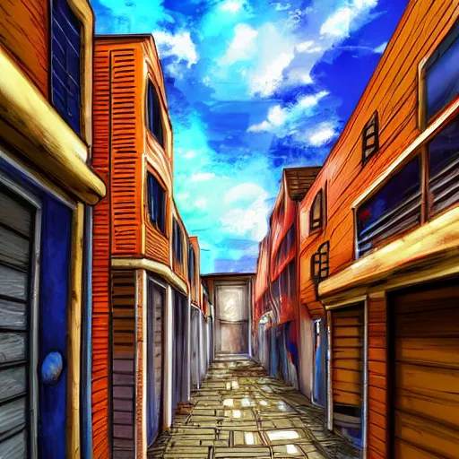 Image similar to alley among residental buildings, ghetto neiborhood, anime style painting, fish eye effect, wide angle