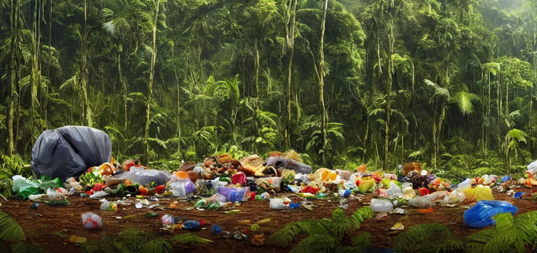 Image similar to a very high resolution image from a new movie. amazon forest landscape, garbage plastic, fast food,. photorealistic, photography, directed by anthony russo