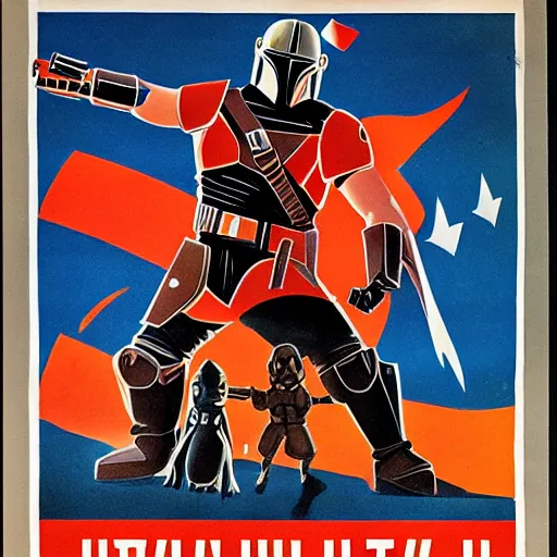 Image similar to soviet propaganda poster of the mandalorian and baby grogu