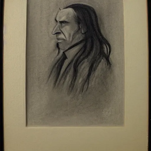 Image similar to charcoal portrait of an austrian gentleman, long black hair, evil