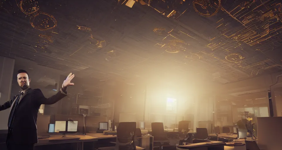 Prompt: Dramatic photo of a CEO waving to silhouettes of his coworkers in a futuristic office. Golden coins are levitating all around them. 8k, high detail, trending on Artstation, volumetric lighting, cyberpunk