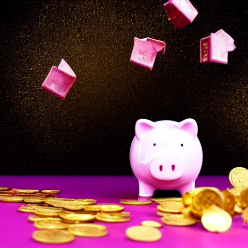 Image similar to piggy bank bursting open with a money explosion, gold bars and coins bursting in every direction, piggy bank sitting on a table, skittles falling off the table, unicorn flying in the background