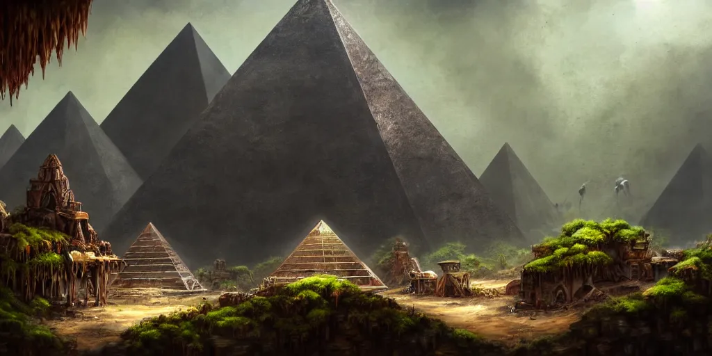 Image similar to a lone chrome pyramid sits inside a rusted cave mouth in the jungle, matte oil painting, merchant tents, ancient world, canyons, science fantasy, rpg, epic, extremely detailed, sharp focus, 4 k