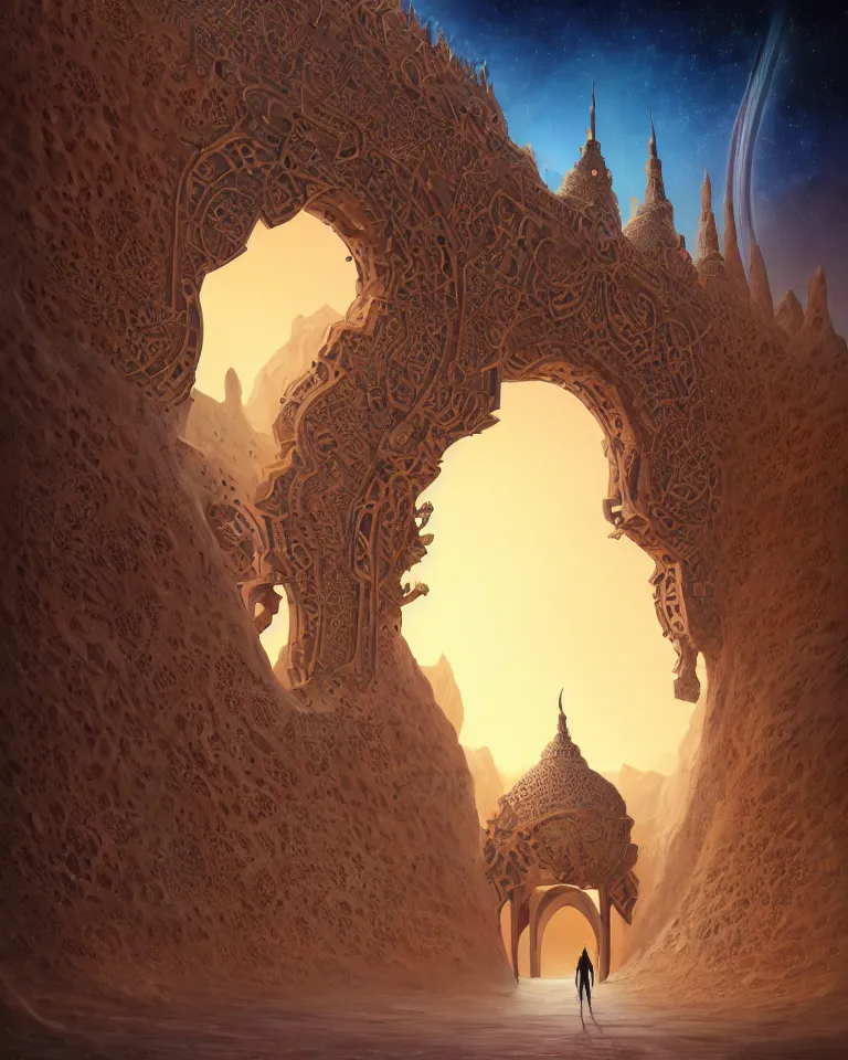 Image similar to a surreal islamic style ornamental gate in the desert opens into an other dimension with different alien landscape. by vincent di fate and james jean. ornament, intarsia, portal, doorway, dynamic lighting, ambient lighting, atmospherical, photorealistic fantasy concept art, trending on art station, stunning visuals, creative, cinematic, ultra detailed