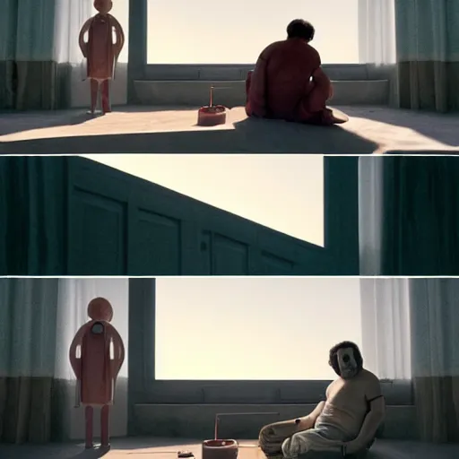 Prompt: colour comedy - sitcom scene from duna ( 2 0 2 1 ) by denis villeneuve and gregory crewdson style with hyperrealistic highly detailed faces. many details by andrei tarkovsky and caravaggio in sci - fi style. volumetric natural light rendered in blender and octane render