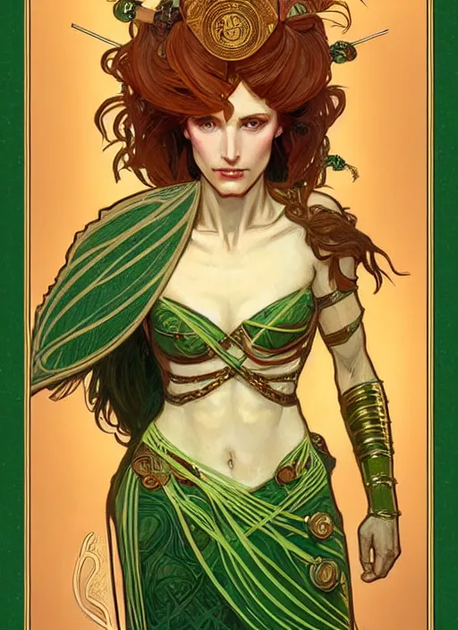 Prompt: portrait of cassandra the trojan prophetess, redgold hair, greek nose, high cheekbones, greek face, braided brown hair, green eyes, chiton, high fantasy, dnd, smooth, sharp focus, illustration, by rossdraws, alphonse mucha, frank fanzzeta, collectible card art