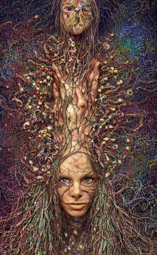 Image similar to beautiful psychedelic shaman covered in fungus peyote in the style of peter gric