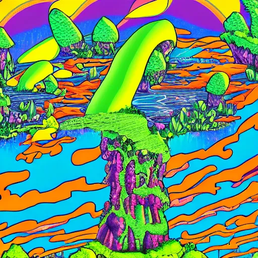 Prompt: psychedelic mushroom kingdom, dmt, landscape, river, trending on artstation, detailed