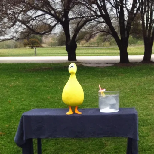 Prompt: a duck next to a lemonade stand