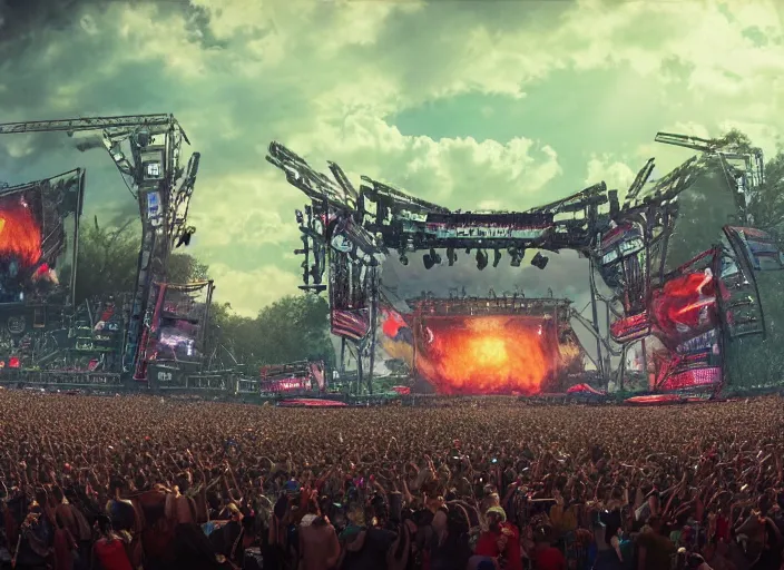 Image similar to ultra realistic, view of the mainstage of defqon 1 music festival in 2 0 5 0 by concept art by james jean, andrei riabovitchev, marc simonetti, yoshitaka amano, artstation, futuristic, octane render, sharp focus cinematic lighting, dramatic perspective, highly detailed, ultra realistic, masterpiece, 4 k, 8 k