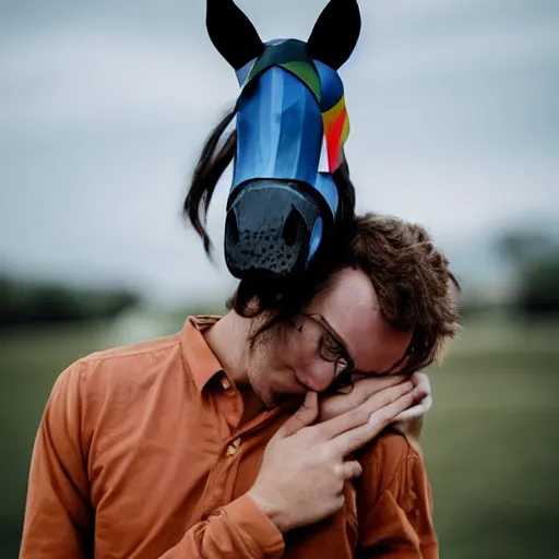 Image similar to man wearing horse head mask on shoulder of man