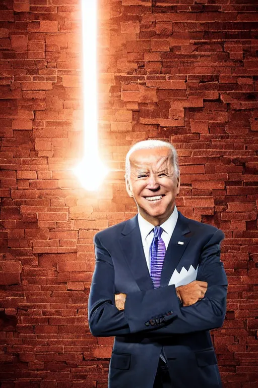 Prompt: biden with glowing red eyes breaking through a brick wall digital art illustration highly detailed lighting from below