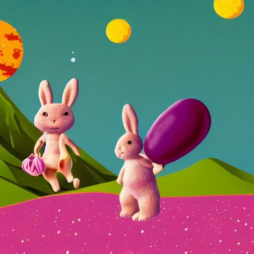 Prompt: a martian landscape with a purple photorealistic bunny wearing pink socks, the bunny is holding a cocktail