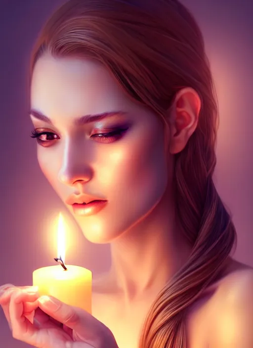 Image similar to a gorgeous female photo, professionally retouched, soft lighting, holding a candle, realistic, smooth face, perfect eyes, wide angle, sharp focus on eyes, 8 k high definition, insanely detailed, intricate, elegant, art by artgerm and wlop