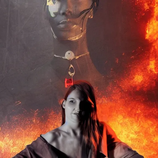 Image similar to a woman, city on fire, giant, sci - fi, award winning, photo manipulation, collage