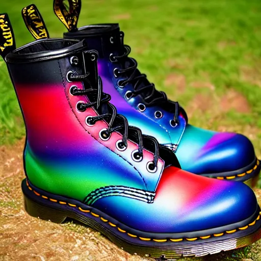 Image similar to a battered old pair of Dr martens boots with rainbow laces