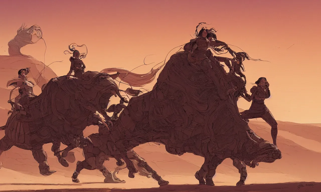 Prompt: detailed painting of dune movie, desert landscape, woman ridding a huge bull, trending on artstation, by josan gonzalez, flat colors, defined lines