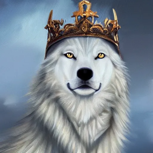 Image similar to A portrait of a white wolf wearing a crown, oil painting, masterpiece, artstation