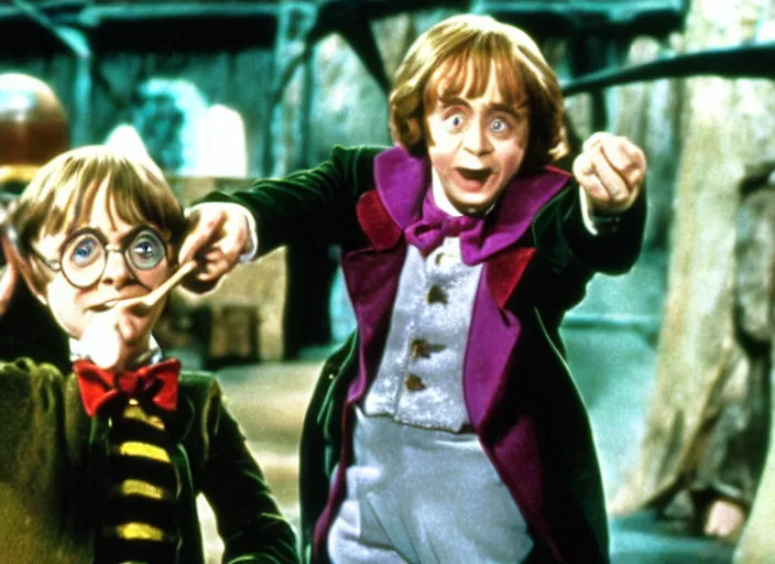 Prompt: film still of Harry potter as charlie in Willy Wonka's and the Chocolate Factory 1971