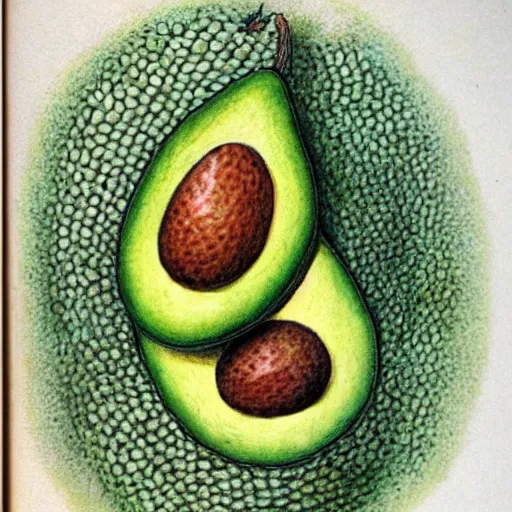 Image similar to a page from codex seraphinianus of how to merge emma watson with avocado