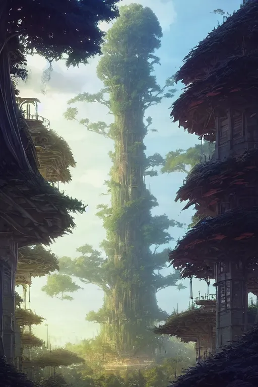 Image similar to a city built on a giant tree, unreal engine, fantasy art by greg rutkowski, loish, rhads, ferdinand knab, makoto shinkai and lois van baarle, ilya kuvshinov, rossdraws, tom bagshaw, global illumination, radiant light, detailed and intricate environment