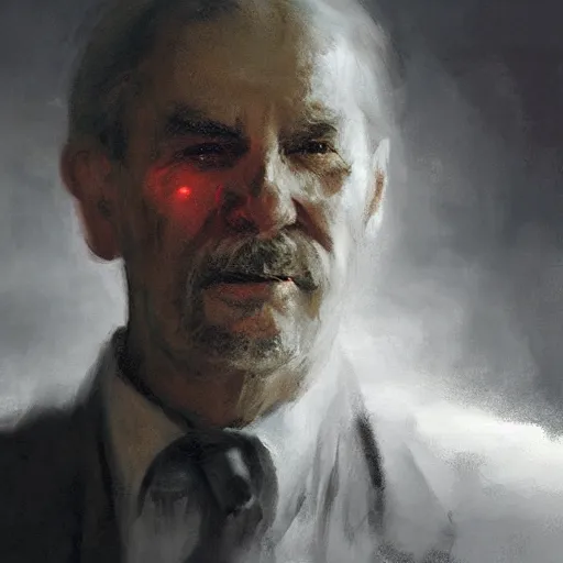 Prompt: Portrait of an oldman wearing a comunist uniform looking to the camera, artwork by Craig Mullins, black background, candle lights, trending on artstation, dramatic cinematic light