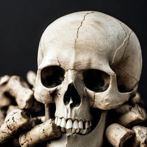 Image similar to close up of human skull used as ashtray, dark blurry background