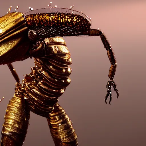 Image similar to a insect alien with a very detailed armour covered in blood eyes of gold sparkles cinematic high quality, sharp, unreal engine 5