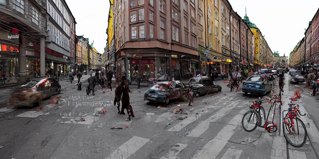 Prompt: Hordes of Zombies in Stockholm, Sweden, Intersection, Storefront, alleyway, chairs, table, city street lights, clumps of cables, abandoned cars, smoke, umbrella, convenience store, dusk sky, dingy city street, exiting store, getting groceries, hilly road, Swedish writing, looking down street, moped, raining, smoking outside, tan suit, wet road, wet street, white shoes, wires hanging above street, wires in background, very high quality photography, dusk, cinematic.