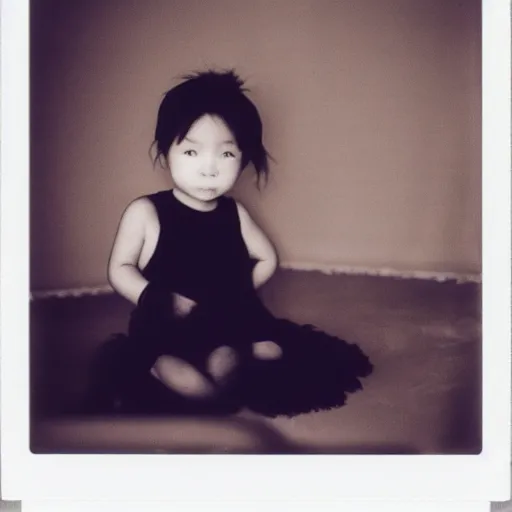 Prompt: a baby girl sitting in a living room designed by yohji yamamoto, polaroid