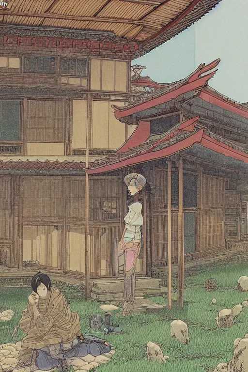 Image similar to beautiful intricate anime illustration of a rural japanese home, hyperdetailed, proportion, by moebius, masamune shirow and katsuhiro otomo