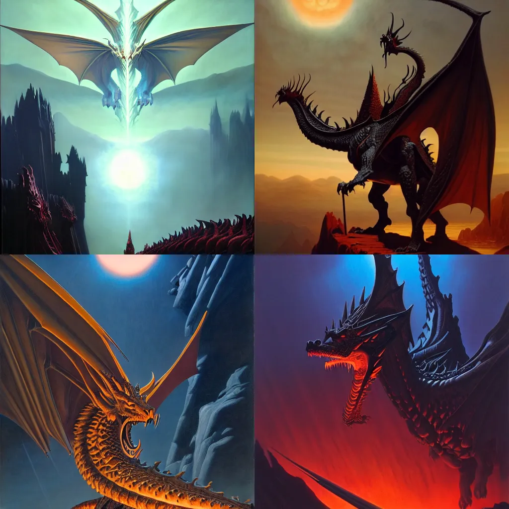 Prompt: A majestic colossal gothic dragon, by Ralph McQuarrie, by Hal Foster, by Wayne Barlowe, masterpiece, oil on canvas, trending on artstation, top on pixiv, cinematic composition, dramatic scene, beautiful lighting, sharp, high details, astrophotography, no frames, 8K