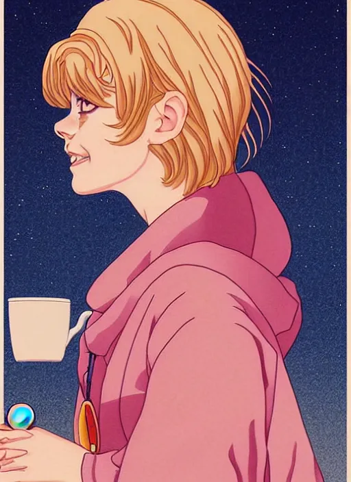 Image similar to realistic portrait of emma stone as a sailor moon, making the coffee, early morning, light falling on face, futuristic, highly detailed, 8 0 - s style poster, sharp focus, illustration, art by kawase hasui,