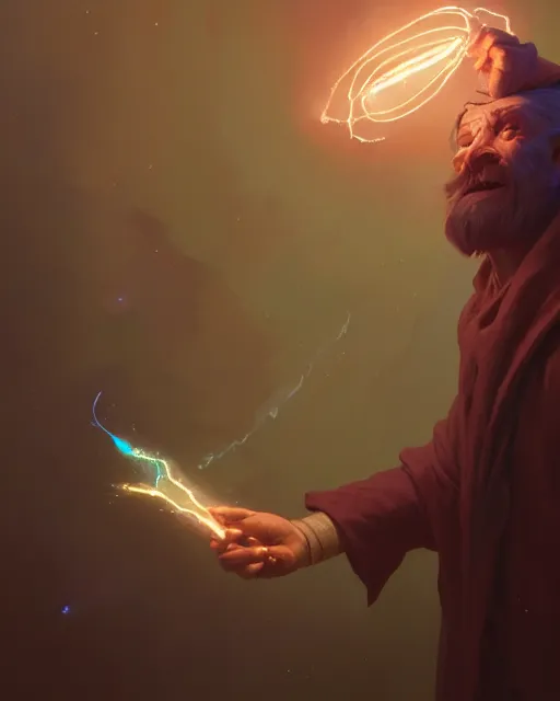 Image similar to highly detailed vfx portrait of an old mage casting a light spell, unreal engine, greg rutkowski, loish, rhads, beeple, makoto shinkai and lois van baarle, ilya kuvshinov, rossdraws, tom bagshaw, alphonse mucha, global illumination, detailed and intricate environment