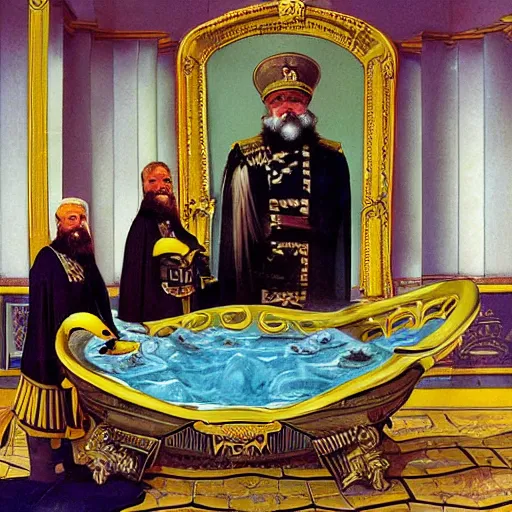 Image similar to emperor of the russian empire nikolay 2 lies in a bath with foam. there is a yellow duck in the bathroom.