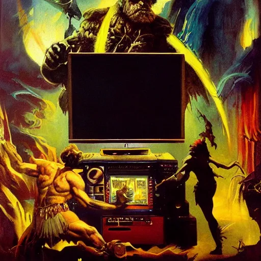 Image similar to wizard surrounded by crt televisions, oil on canvas, frank frazetta, john williams