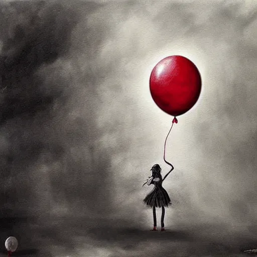 Prompt: grunge painting of the mist with a wide smile and a red balloon by chris leib, loony toons style, pennywise style, corpse bride style, horror theme, detailed, elegant, intricate, conceptual, volumetric light