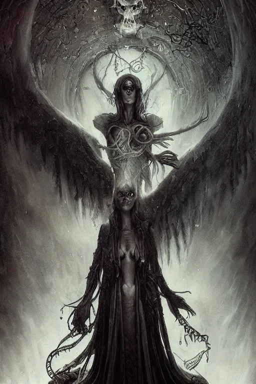 Image similar to evil, lovecraftian, mystic occult arcane, undead, eldritch fallen angel sorcereress alien. dark fantasy art by greg rutkowski, jim burns, gustave dore, amanda sage and junji ito. 8 k resolution concept art photorealism poster art